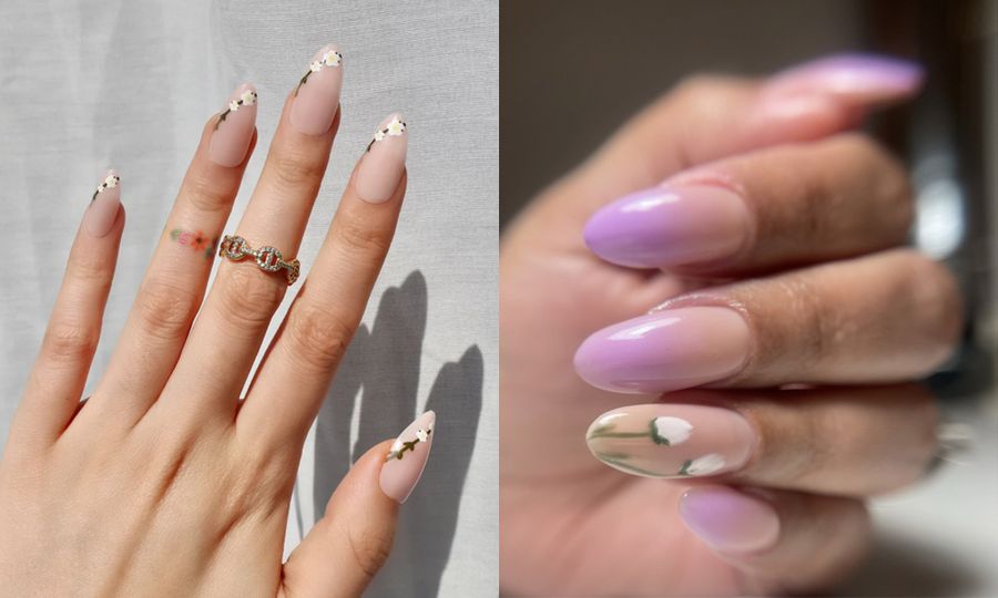 Side by side images of manicured hands with floral nail art