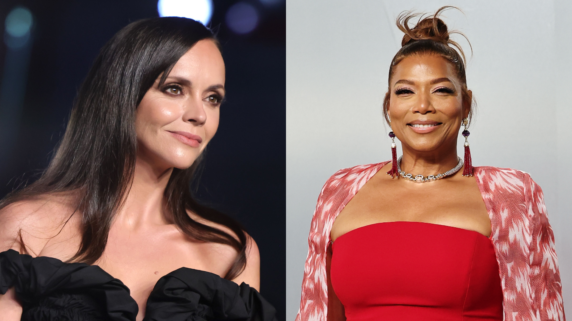 Side-by-side portraits of Christina Ricci in a black off-the-shoulder dress and Queen Latifah in a red dress with a pink patterned jacket.