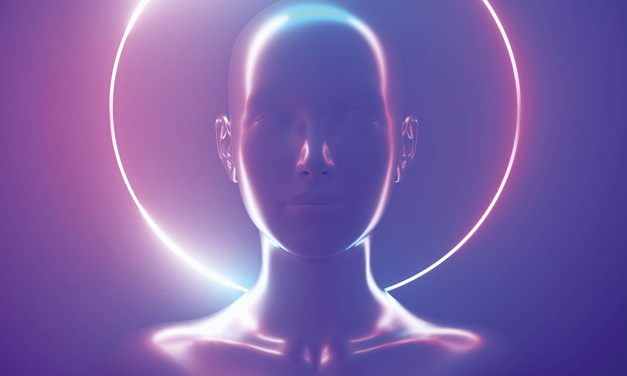 mannequin of head and shoulders against purple light