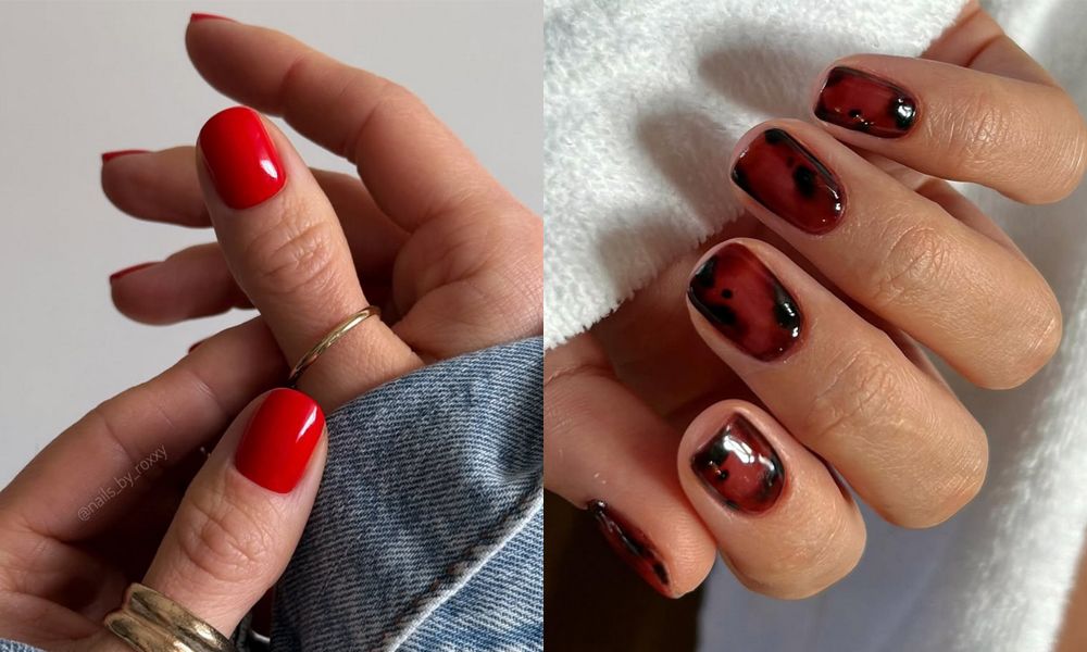 red and tortoise nail manicures