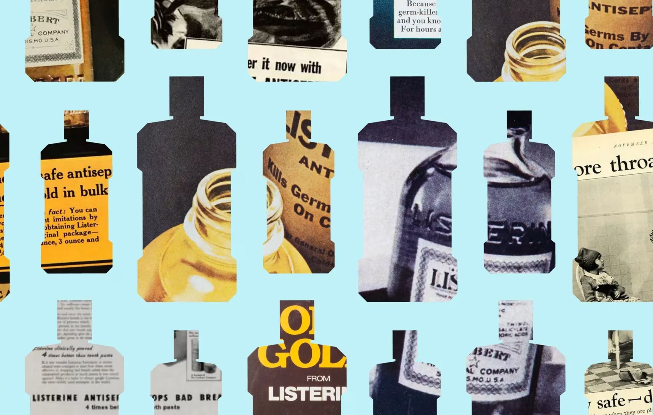 Grid of Listerine bottle-shaped cutouts filled with vintage archival print ads, set against a light blue background.