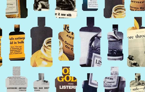 Grid of Listerine bottle-shaped cutouts filled with vintage archival print ads, set against a light blue background.