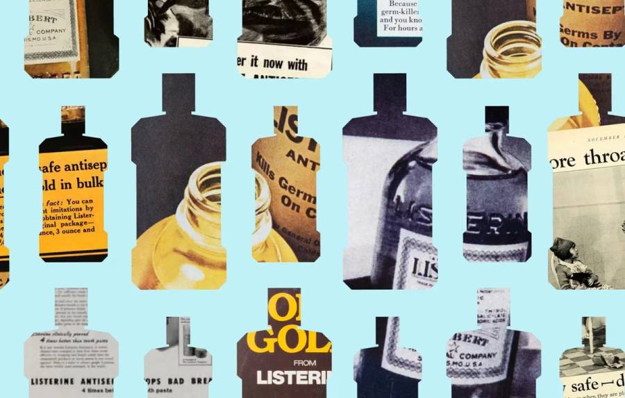 Grid of Listerine bottle-shaped cutouts filled with vintage archival print ads, set against a light blue background.
