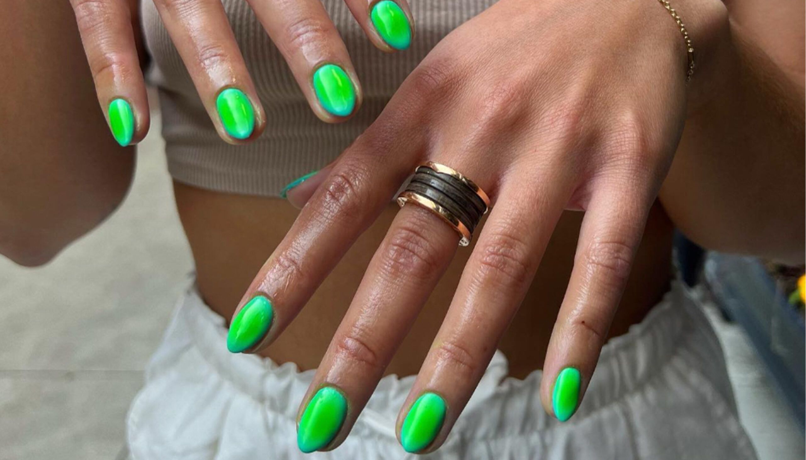 cool-toned green and blue aura nails