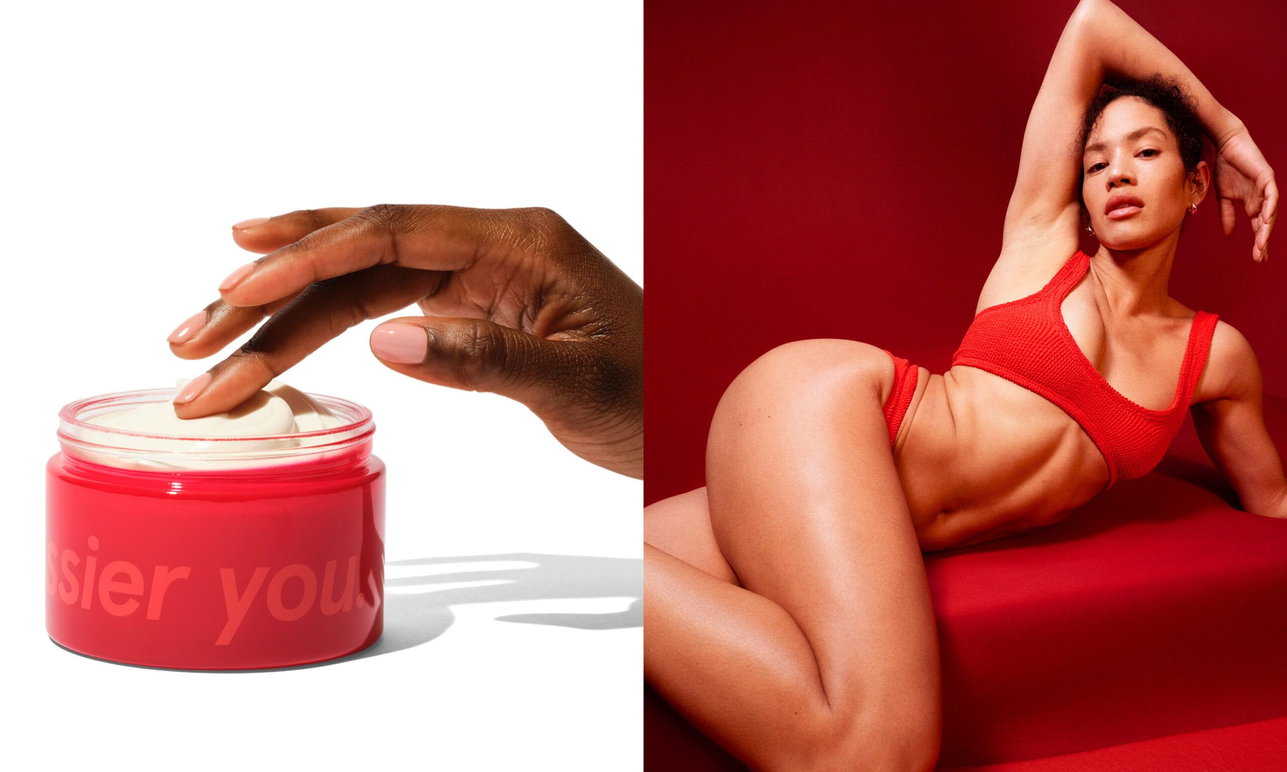 side by side images of hand dipping finger into Glossier Creme De You body lotion and woman posing in red bathing suit