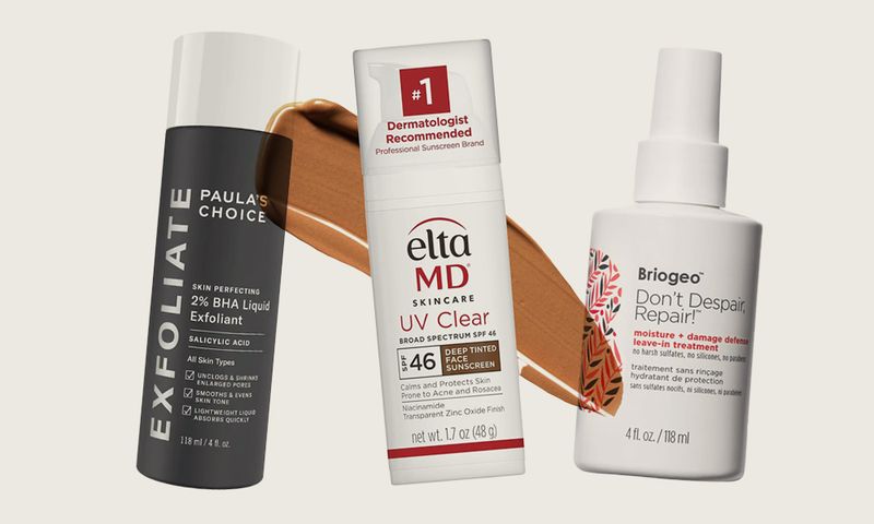 beauty products on off-white background