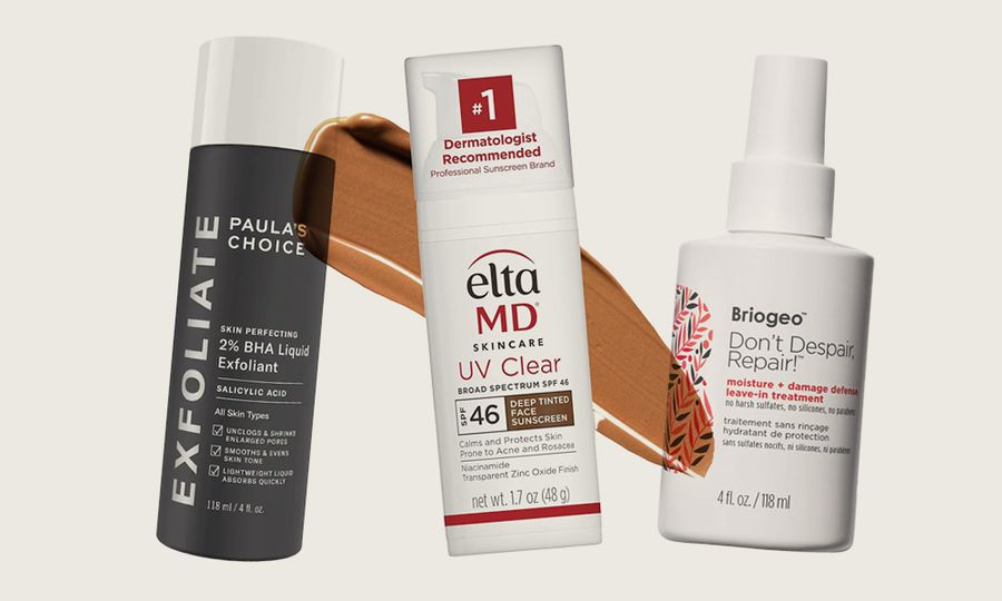 beauty products on off-white background