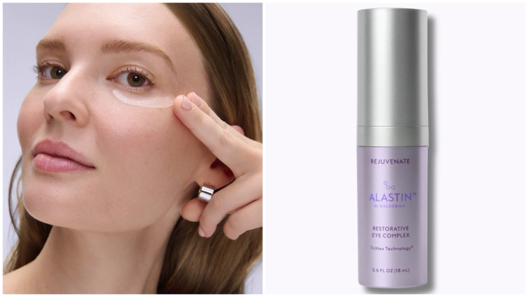 Woman applying eye cream under her eye beside a bottle of ALASTIN Restorative Eye Complex.