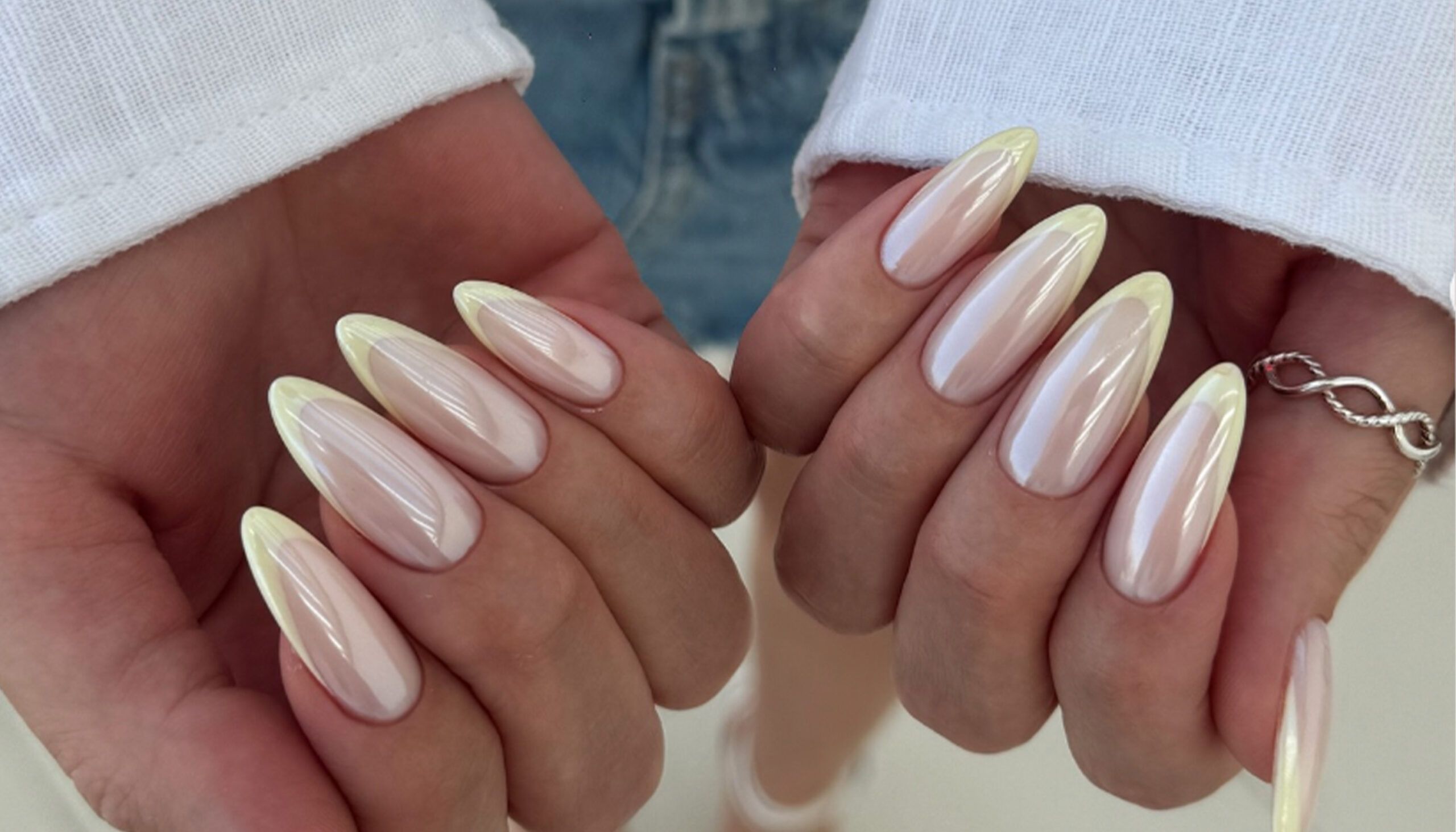 yellow chrome French manicure