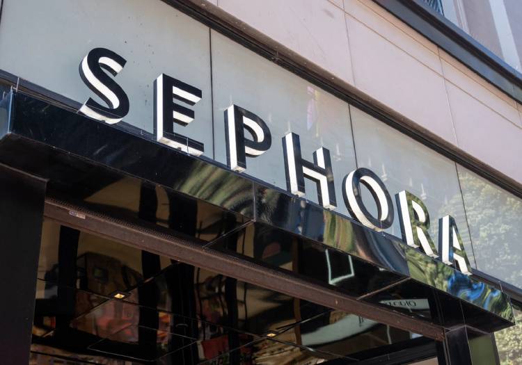 Exterior storefront sign for Sephora beauty retailer on a sunny day in California.