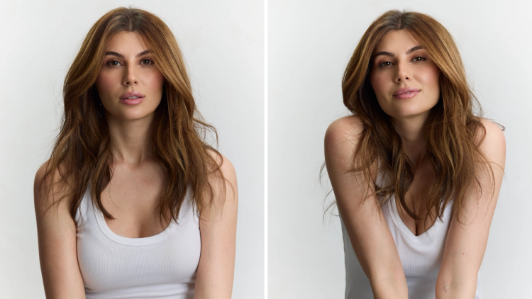 Elnaaz Norouzi in two portrait shots wearing a white tank top against a white backdrop