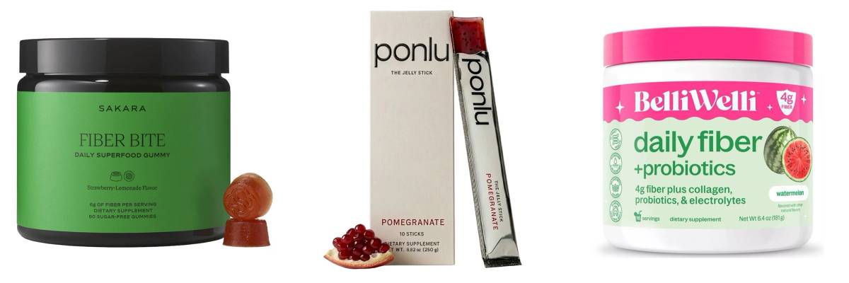 Three fiber supplements side by side: Sakara Fiber Bite gummies, Ponlu Pomegranate Jelly Stick and BelliWelli Daily Fiber + Probiotics in watermelon.