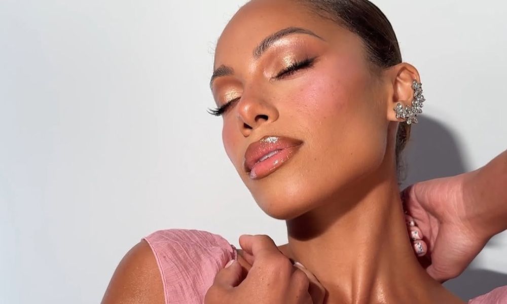 woman with eyes closed and pink lips