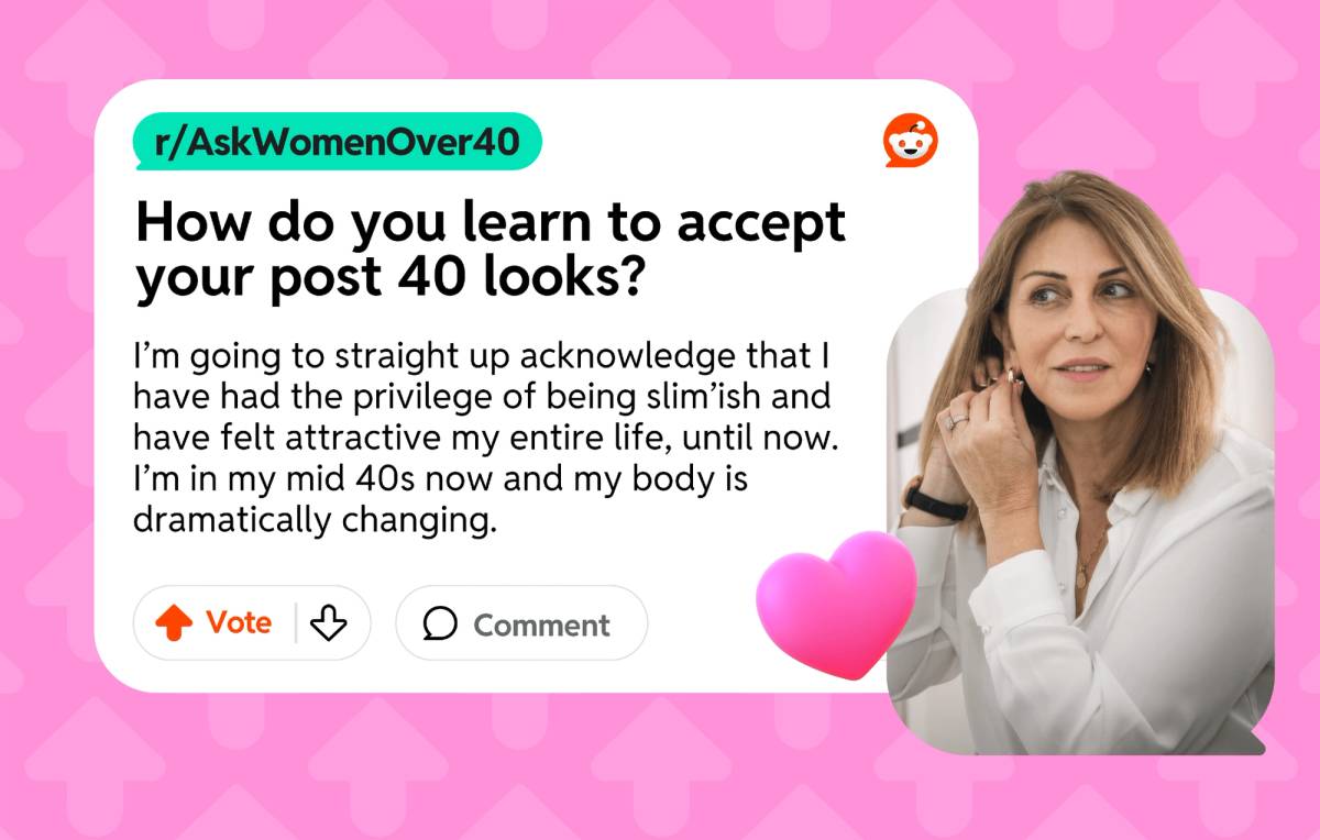 Reddit graphic highlighting an r/AskWomenOver40 post titled 'How do you learn to accept your post 40 looks?' alongside a photo of a woman in her 40s adjusting her earring.