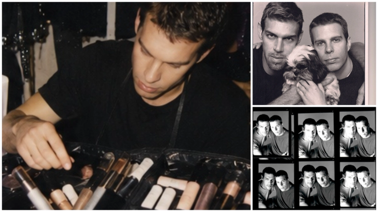 Archival collage of makeup artist Kevyn Aucoin and Eric Sakas: one man in a black T-shirt leans over an open makeup kit, the two pose with a small shaggy dog in a black-and-white portrait, and a contact sheet shows six frames of the two together.