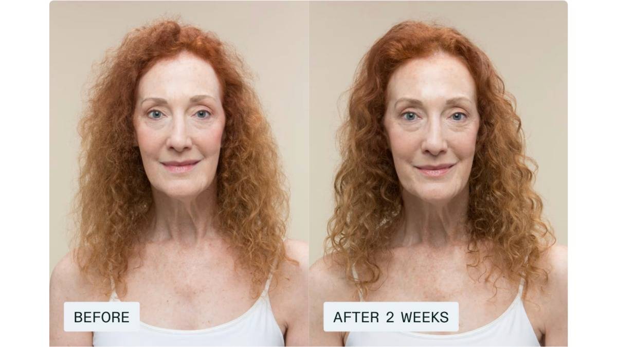 Short: Before and after 2 weeks of Nutrafol Strand Serum: frizzy red curls on the left, defined, shinier curls on the right.