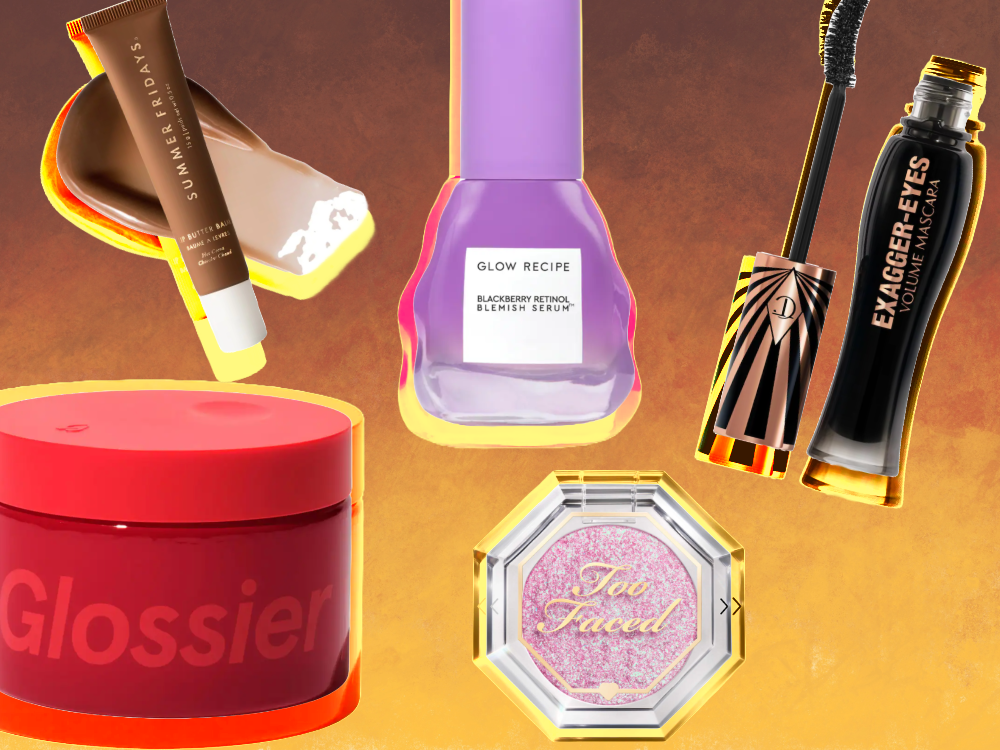 a collage of sephora products including a serum, mascara, lip balm, body butter, and face glitter