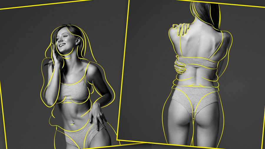 Two women in gray underwear, front and back views, with yellow outlines tracing their body contours