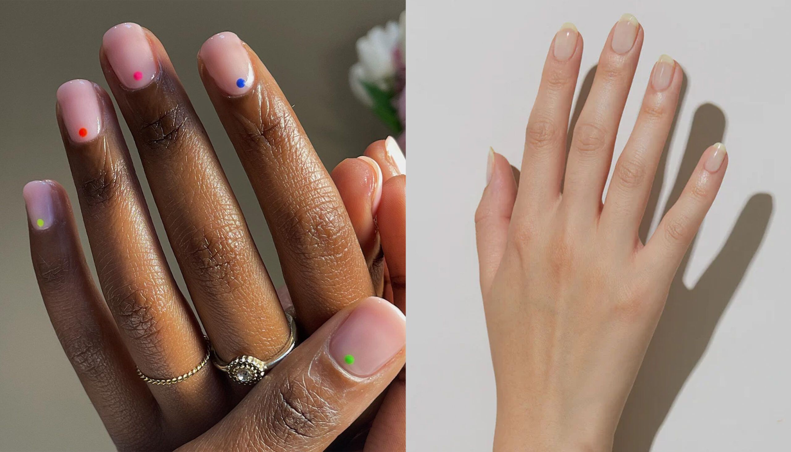 A collage of hand of two hands showcasing their sheer nail polish. On the left side, a woman's hand with two rings on her finger and sheer nail polish with a dot of color on each nail. On the right side, a woman's hand with a sheer French manicure