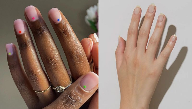 A collage of hand of two hands showcasing their sheer nail polish. On the left side, a woman's hand with two rings on her finger and sheer nail polish with a dot of color on each nail. On the right side, a woman's hand with a sheer French manicure