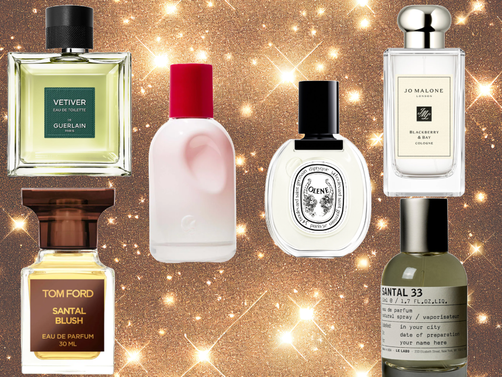 A collage of six difference celebrity fragrances and perfumes