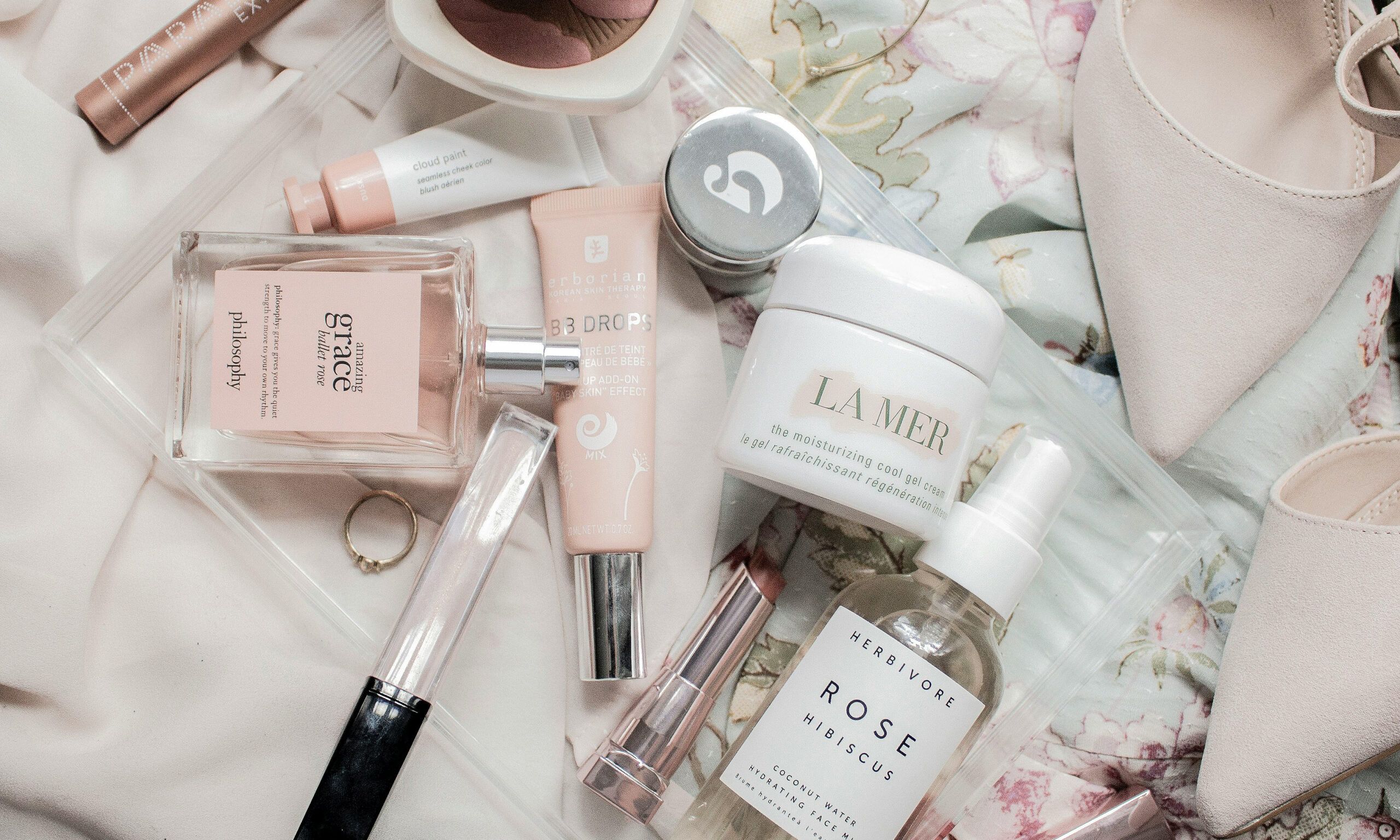 various beauty products on vanity