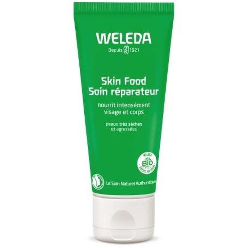 green bottle of Weleda Skin Food