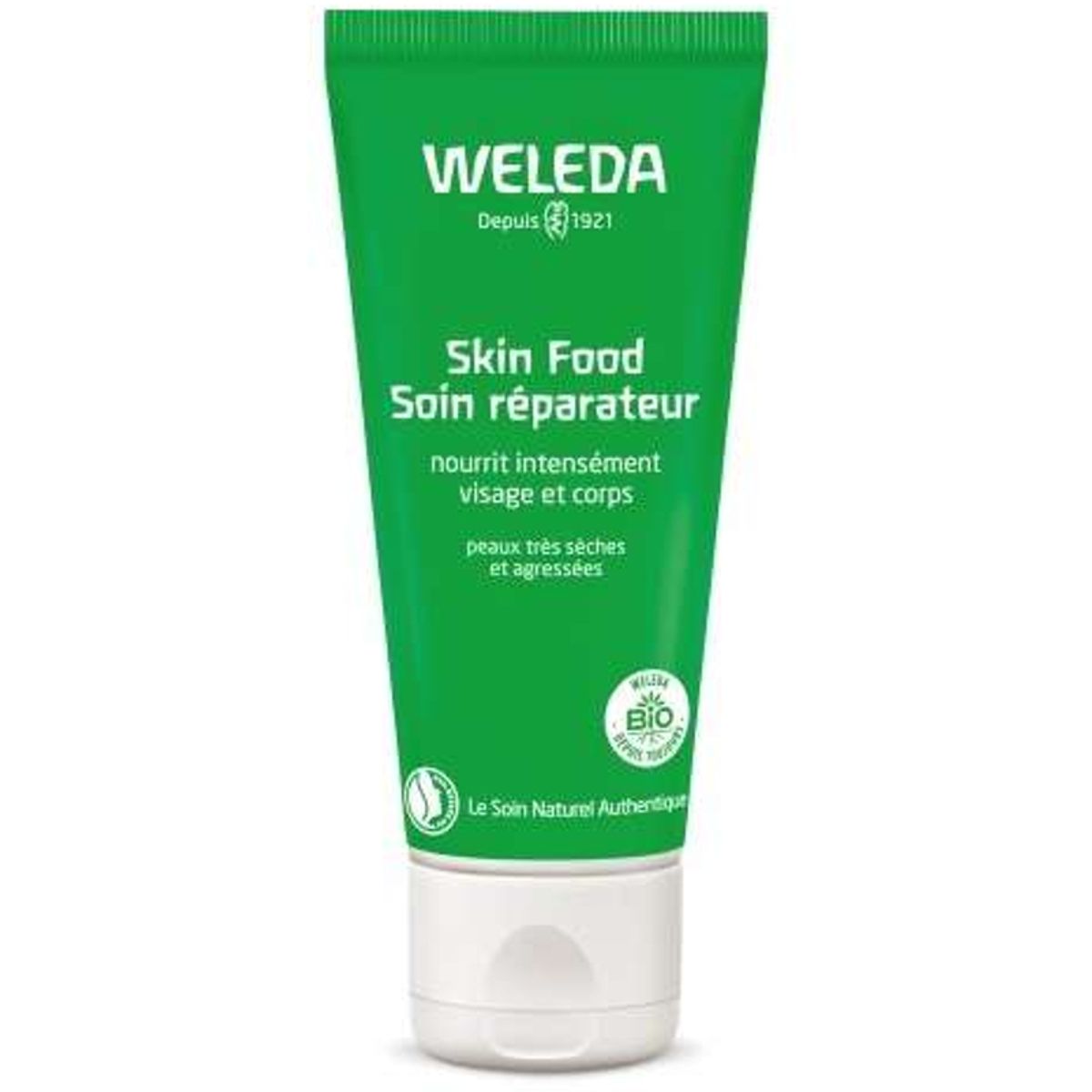 green bottle of Weleda Skin Food