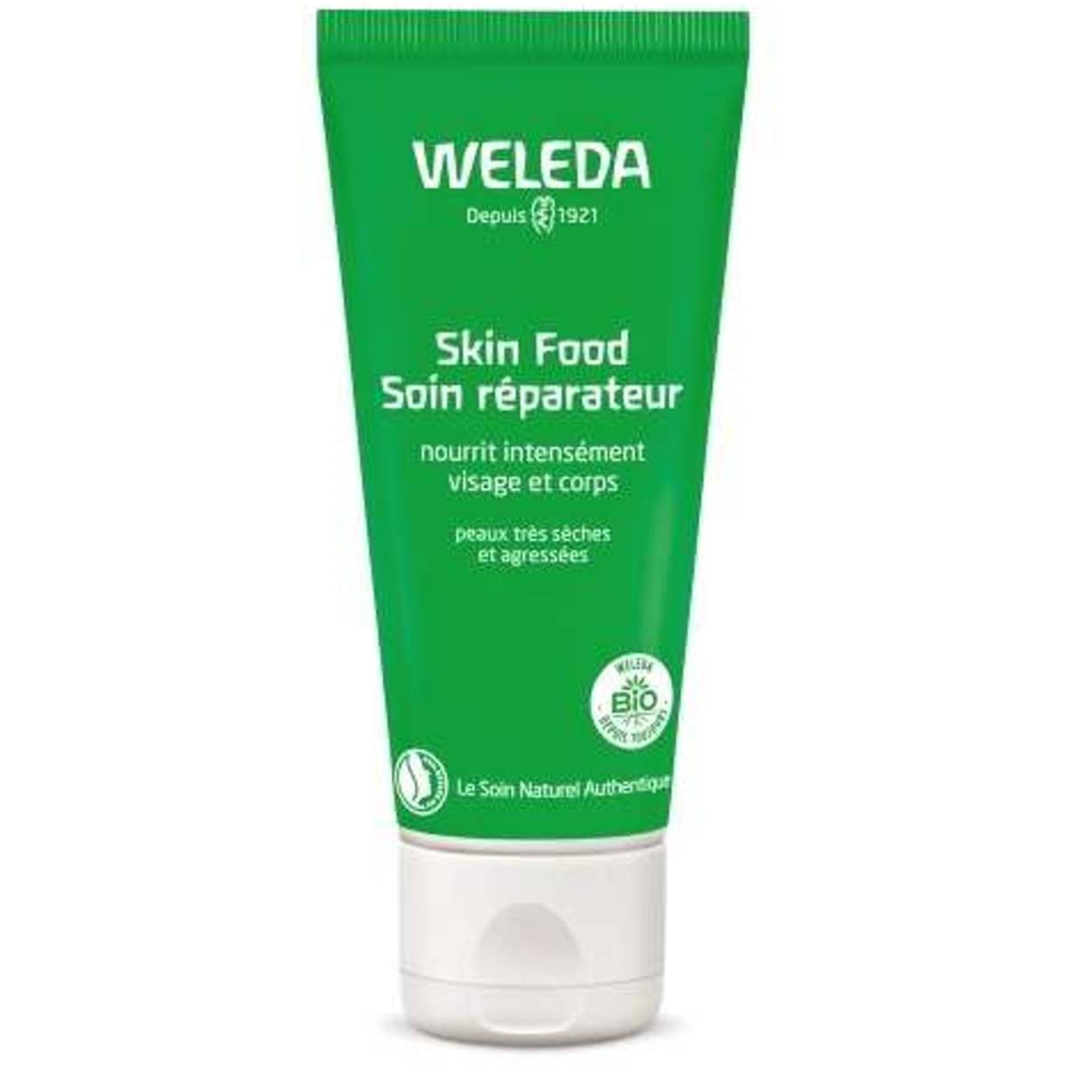 green bottle of Weleda Skin Food