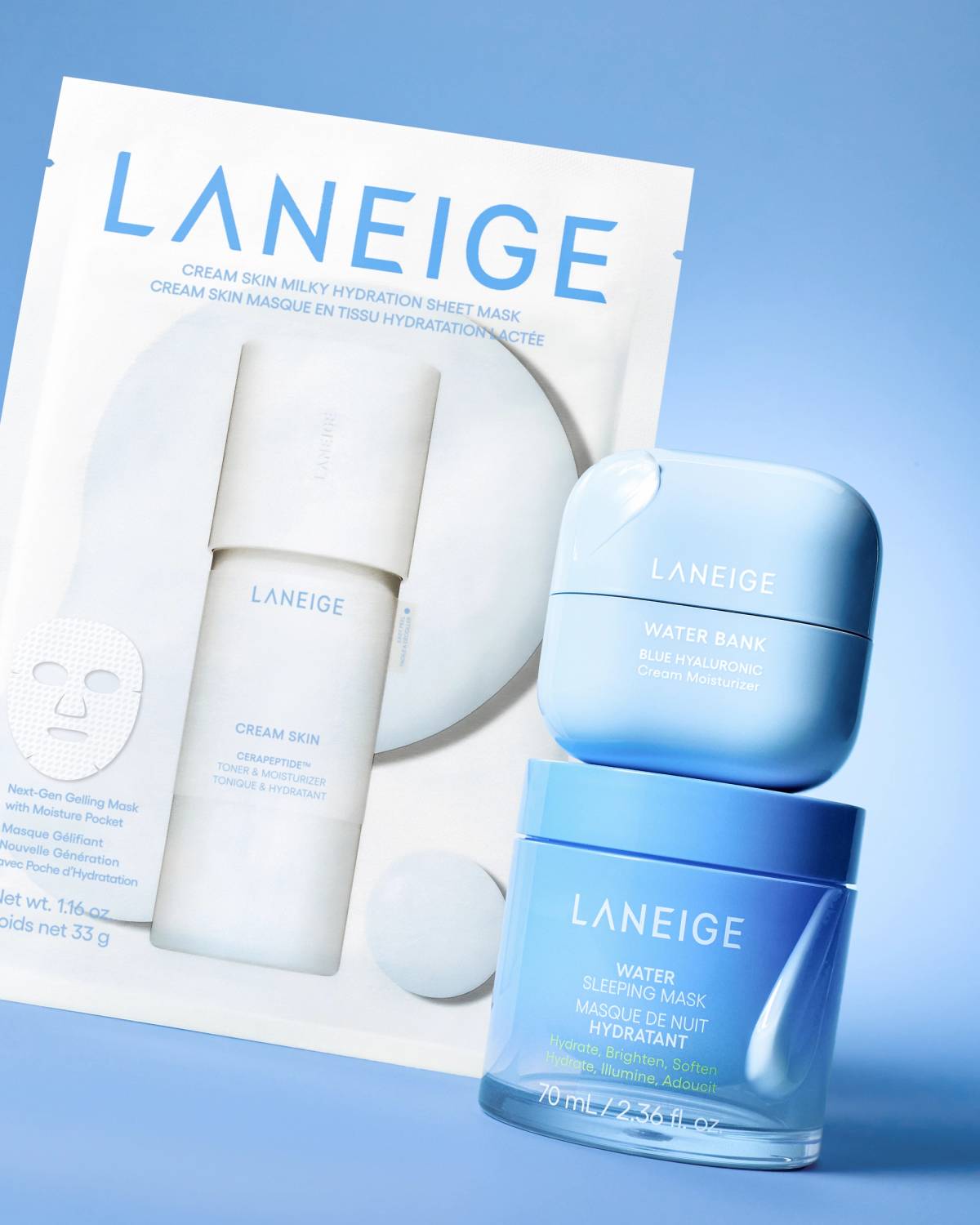 Laneige's barrier care lineup includes the new Cream Skin Milky Hydration Sheet Mask alongside the Water Bank Blue Hyaluronic Cream Moisturizer and Water Sleeping Mask.