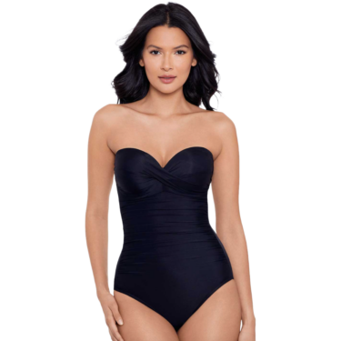 woman in a black strapless bathing suit