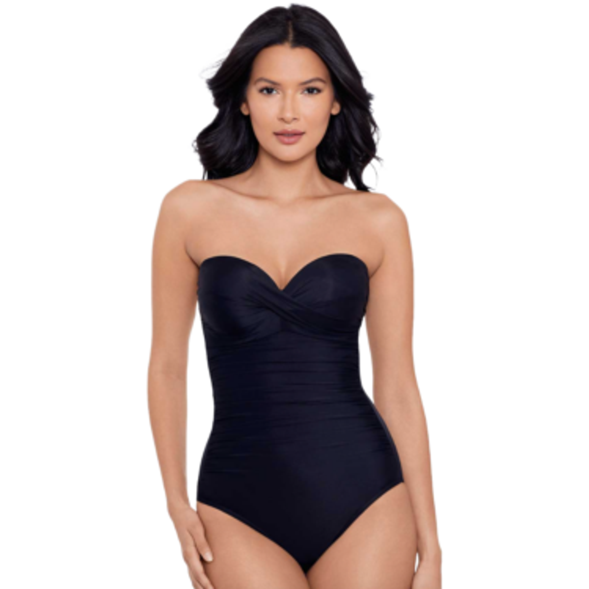 woman in a black strapless bathing suit