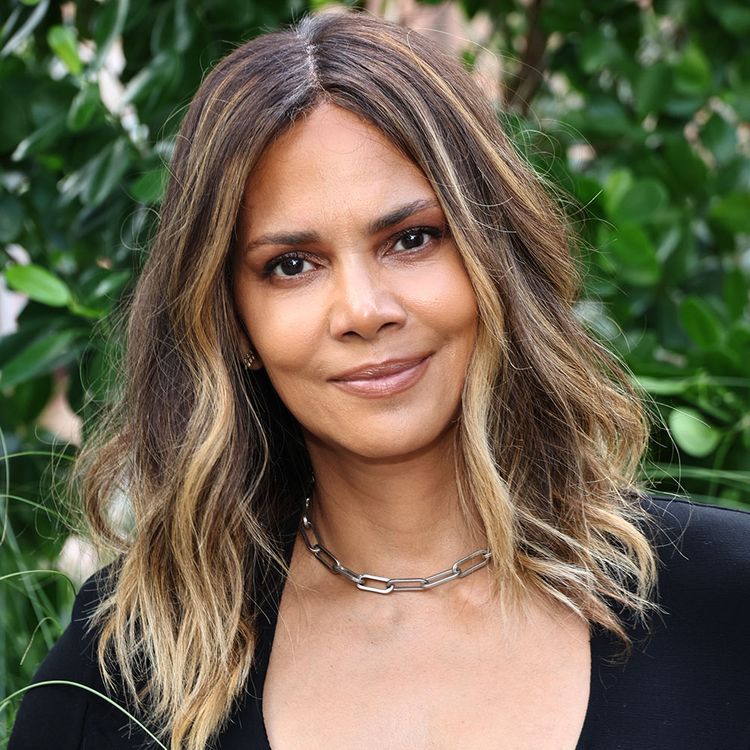 Halle Berry outdoors with brown highlighted hair