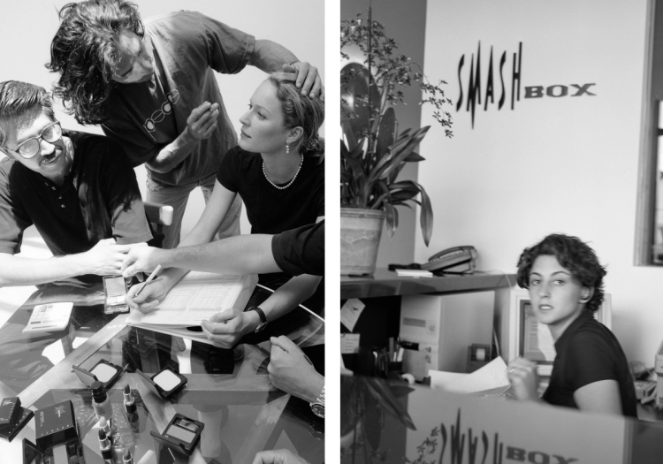 Archival black-and-white photos from Smashbox Studios in the 1990s, showing makeup artists at work on set and a receptionist at the front desk beneath the Smashbox logo