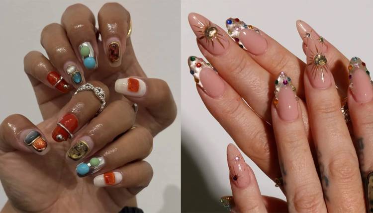 Split image of two bejeweled manicures. On the left, mismatched nail art with colorful gemstones, metallic cabochons and a ring wrapped around one finger; on the right, nude almond nails with gold sunburst designs, scattered rhinestones and delicate gold star accents.