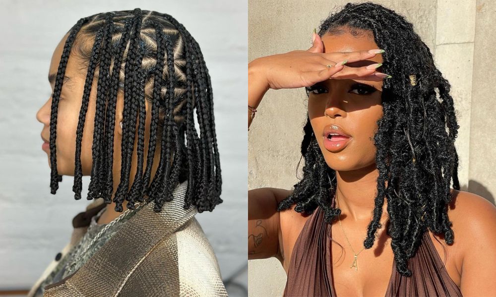 Side by side images of women with braided bob hairstyles