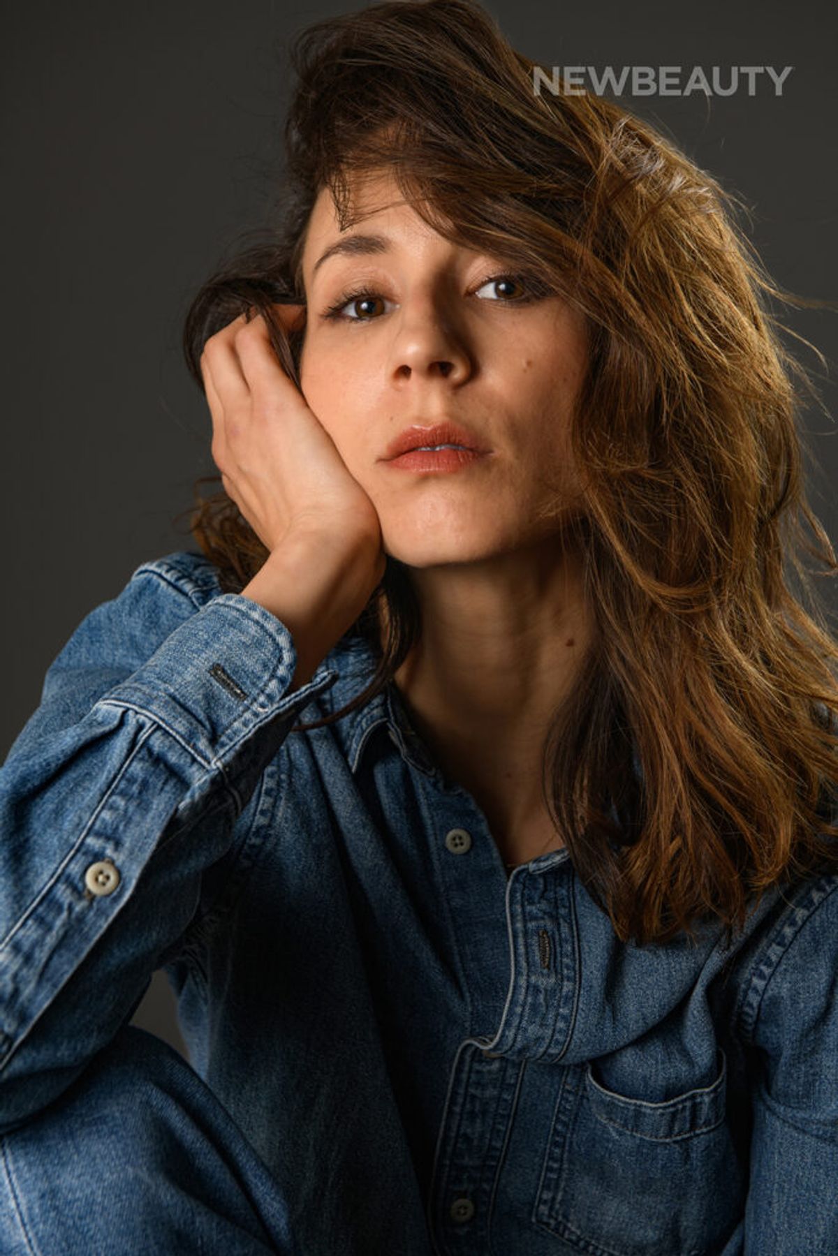 Troian Bellisario in denim shirt