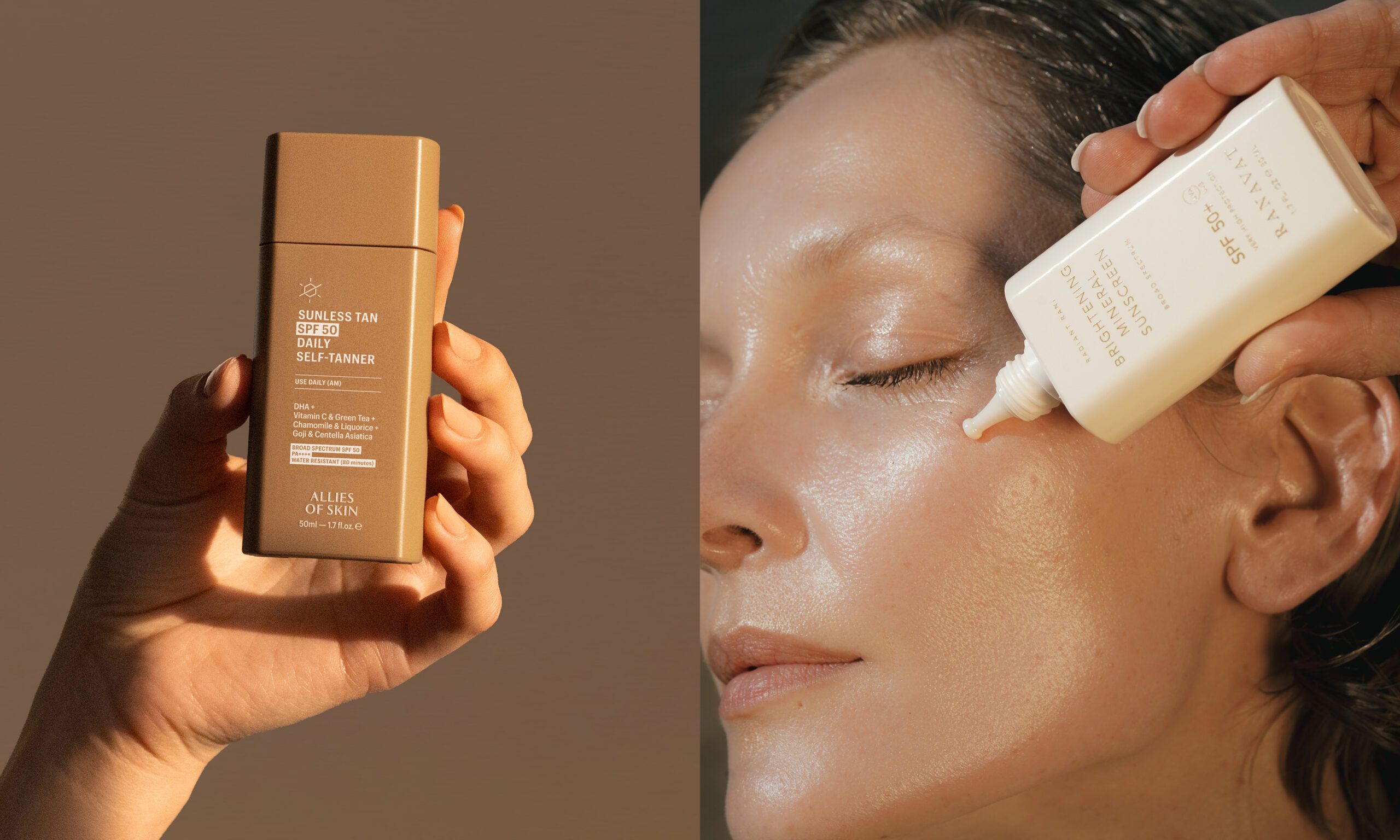 Allies of Skin SPF and Ranavat SPF on woman's face