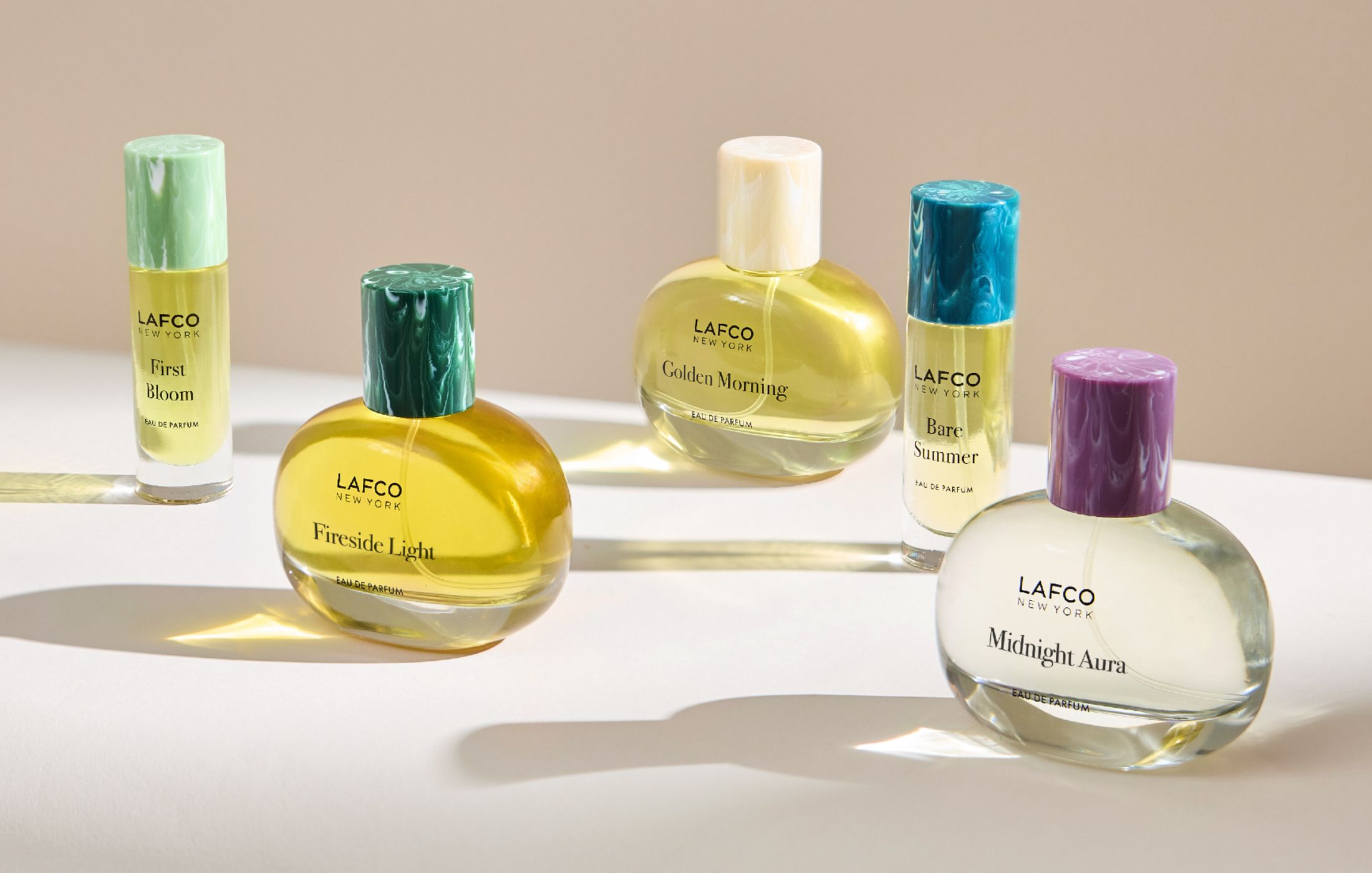 LAFCO New York's new fine fragrance collection: five eau de parfums including Fireside Light, Golden Morning and Midnight Aura