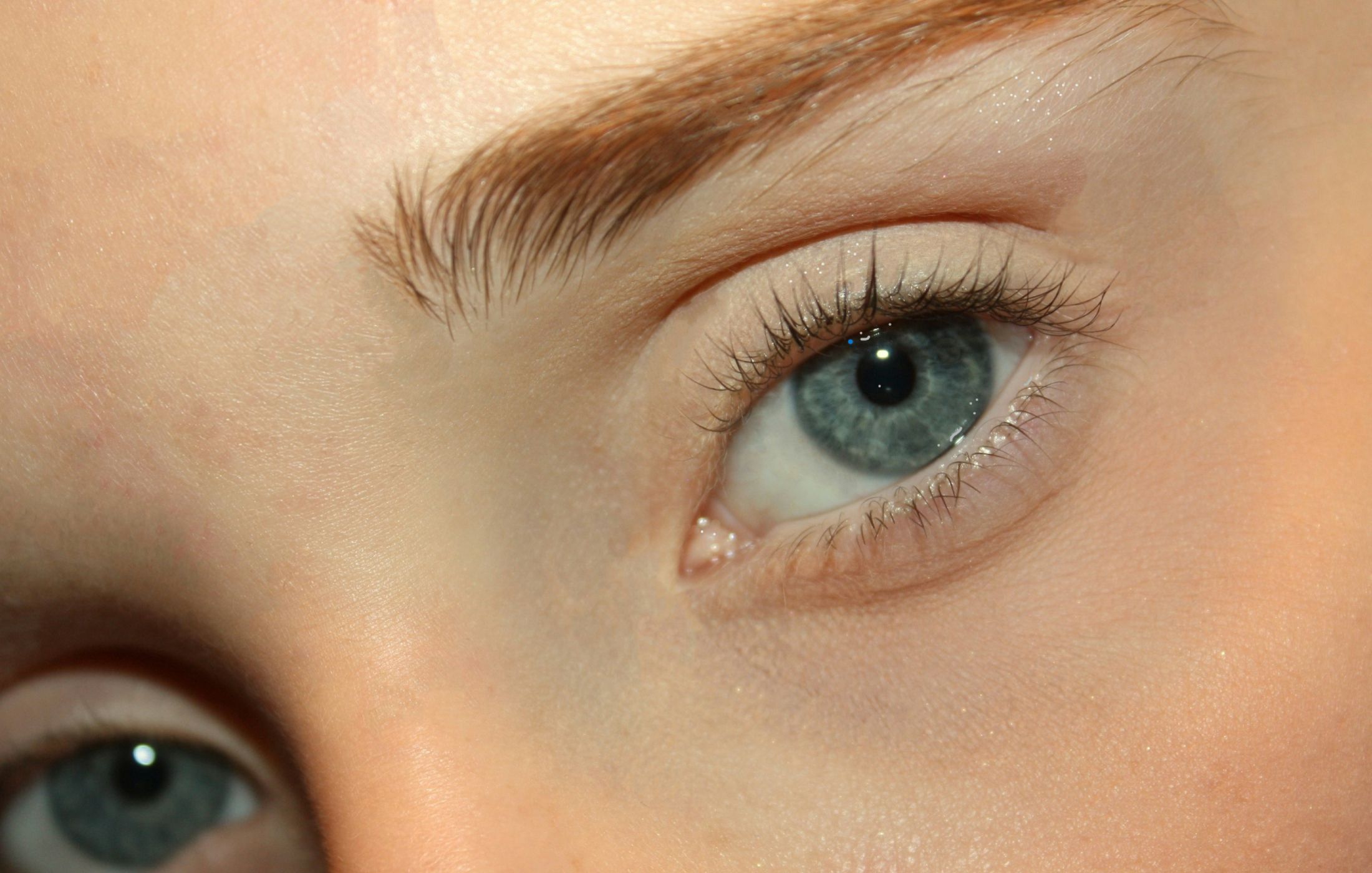 Close-up of a light-eyed woman with soft auburn brows that blend naturally with her fair skin tone, illustrating a low-contrast look.