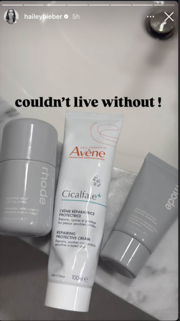 Hailey Bieber's image of Rhode and Avene skin care products