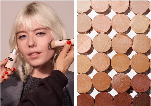 A model applies Jones Road’s Your Skin Foundation Stick while a full range of foundation swatches appears beside her.