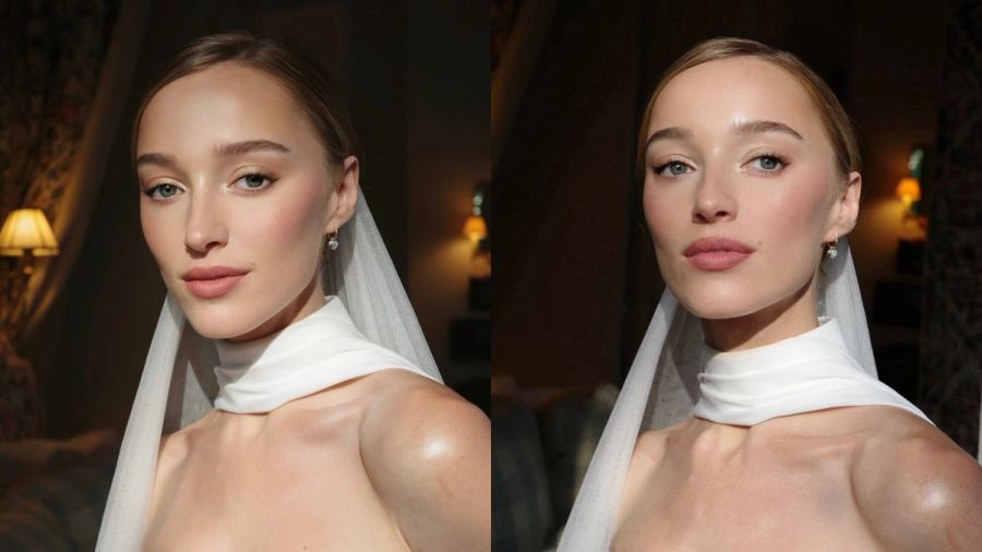 Phoebe Dynevor's wedding-day makeup look, featuring dewy skin, a soft flush and nude-pink lips.