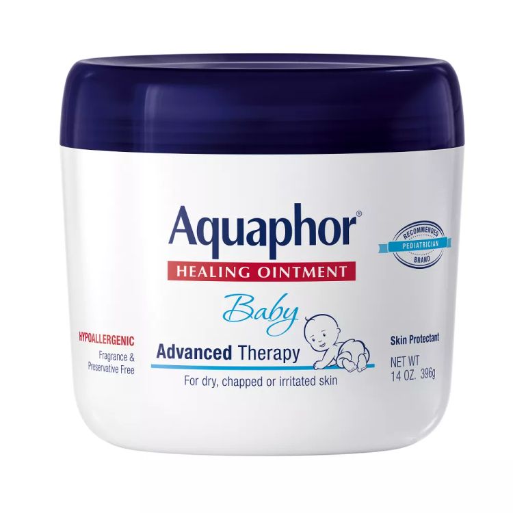 Aquaphor Baby Healing Ointment in a white jar with a blue lid, labeled for dry, chapped or irritated skin and suitable for sensitive baby skin.