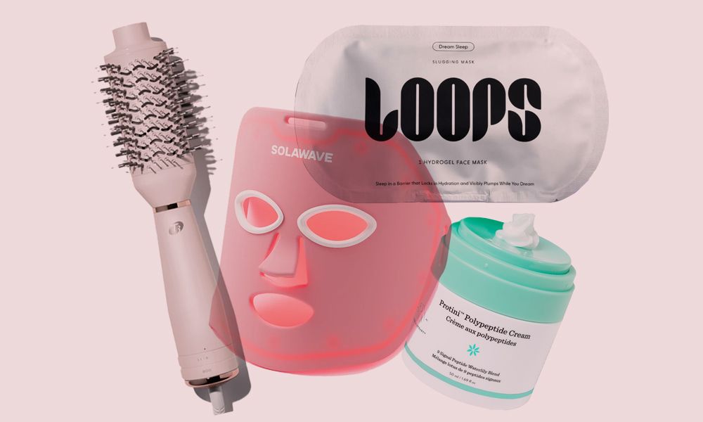 various beauty products on sale for labor day on a pink background