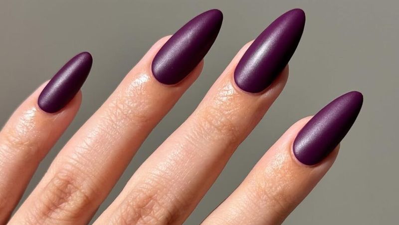 Long nails with a dark purple polish and matte top coat