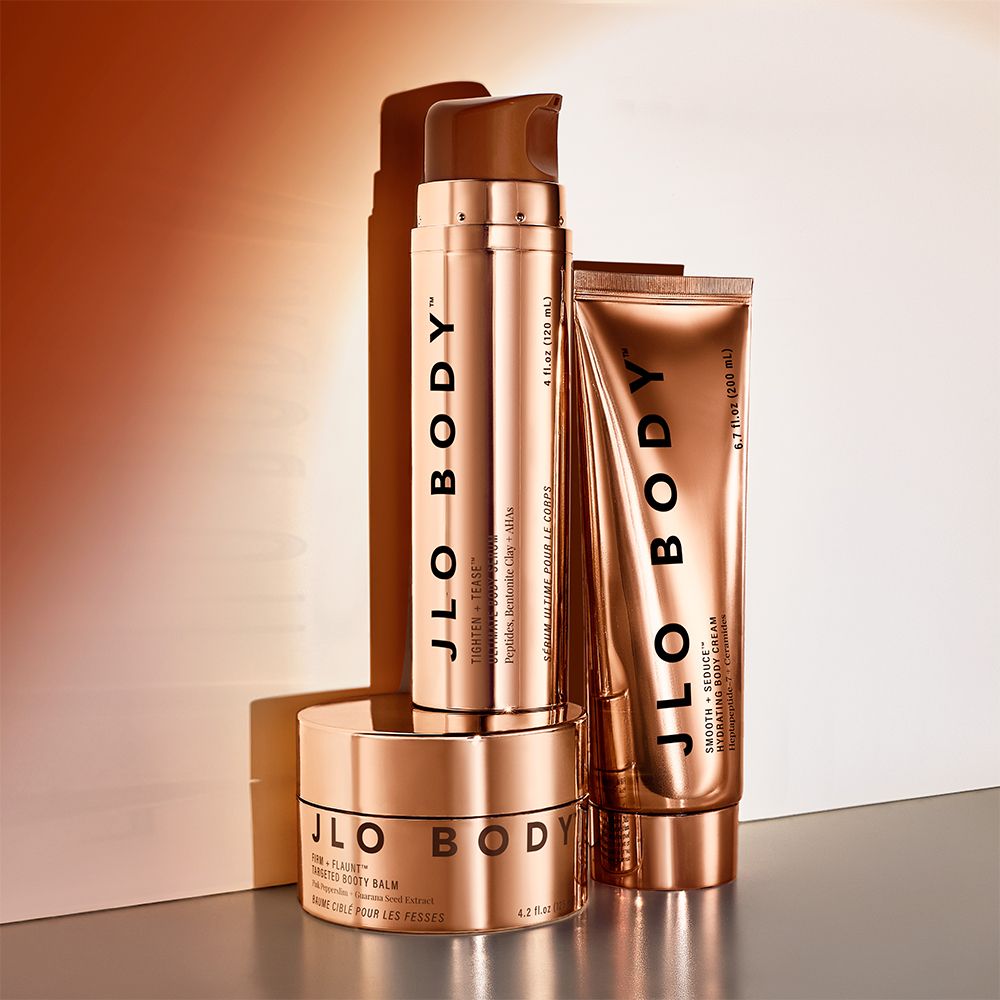 The JLo Body three-piece body routine: Firm + Flaunt Targeted Booty Balm, Tighten + Tease Ultimate Body Serum and Smooth + Seduce Hydrating Body Cream
