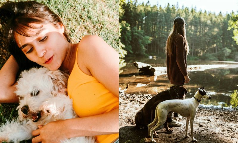 side by side images of women outdoors with their dogs