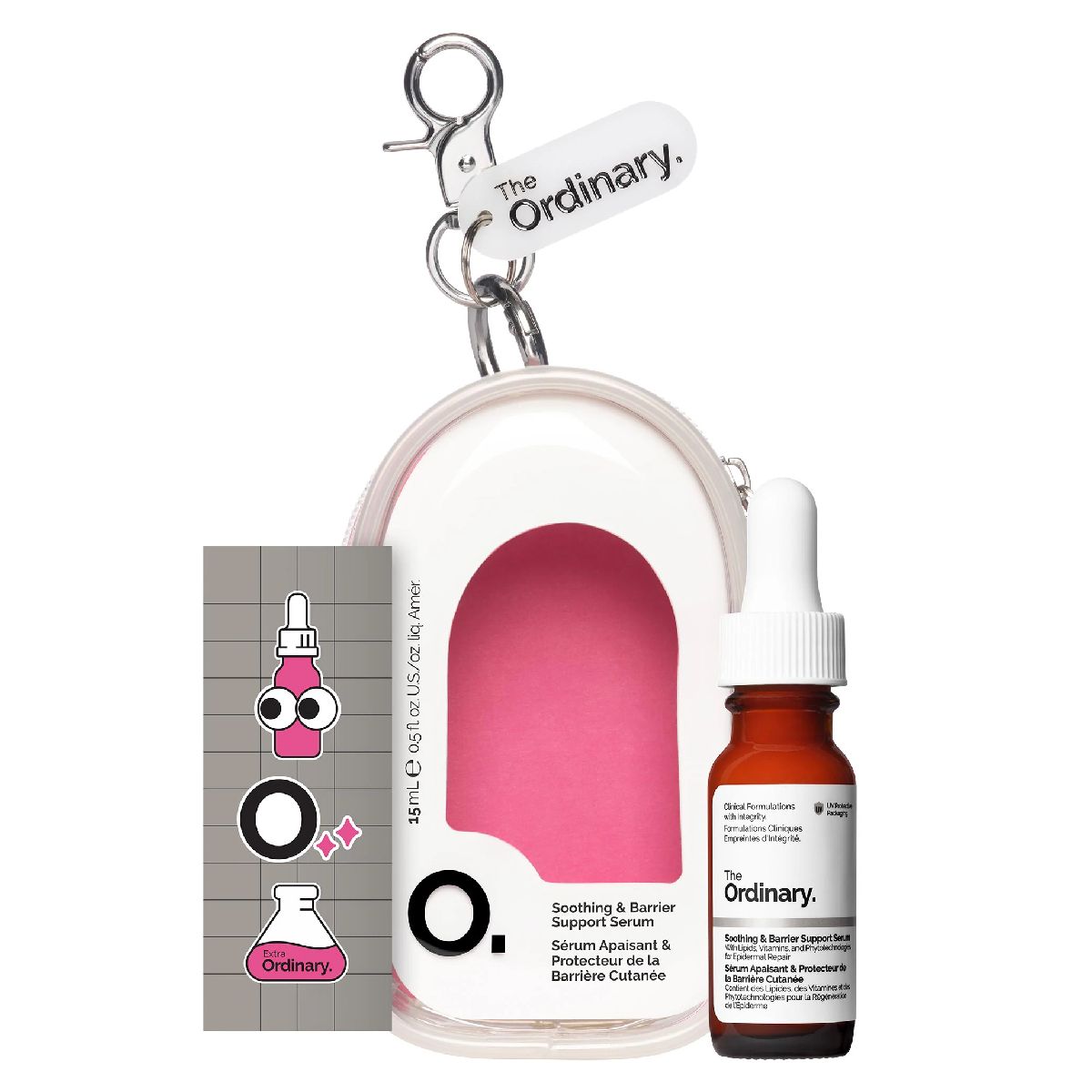 The Ordinary mini Soothing and Barrier Support Serum keychain skincare set with clip, portable beauty bag charm for on-the-go skin care