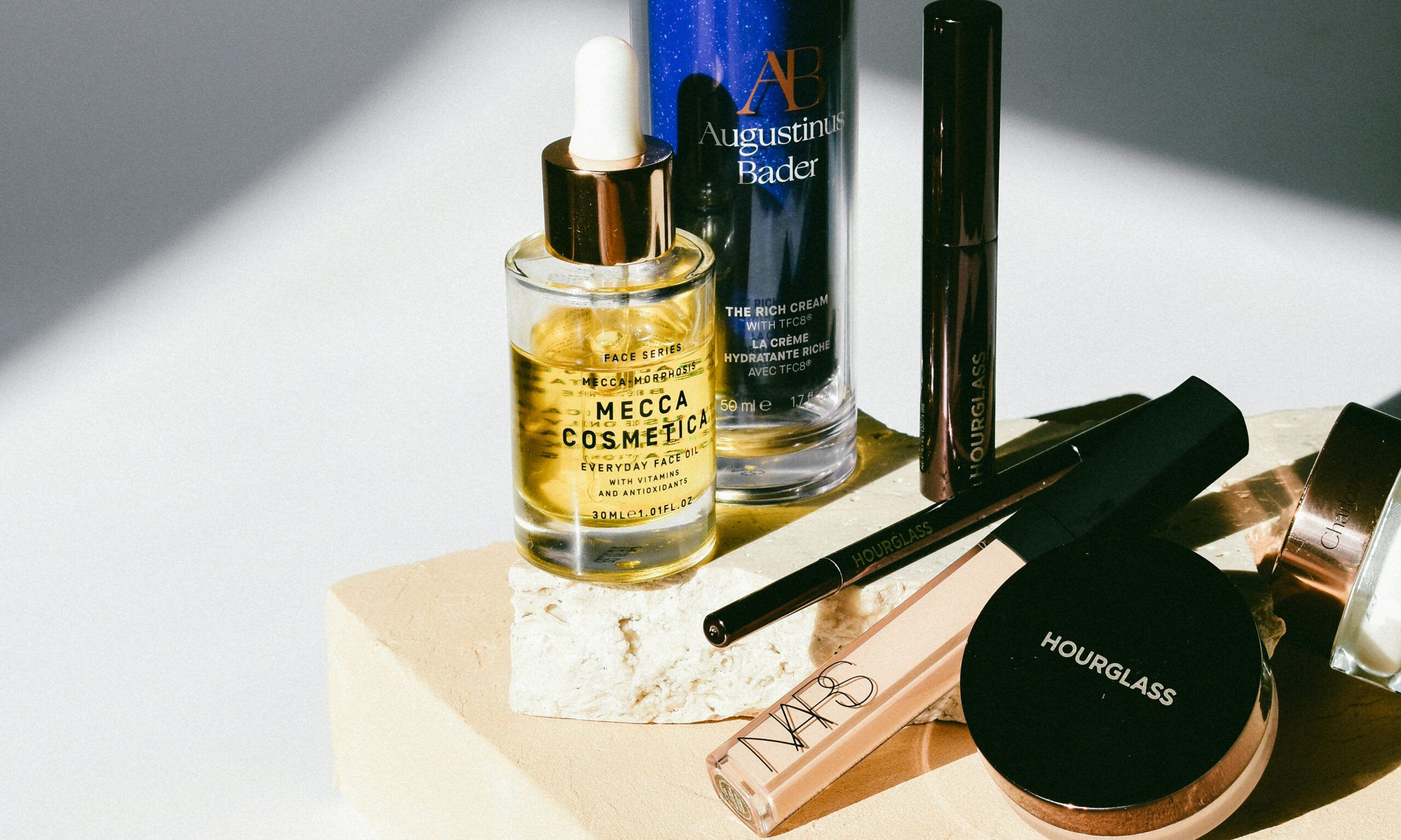 makeup and skin care on table